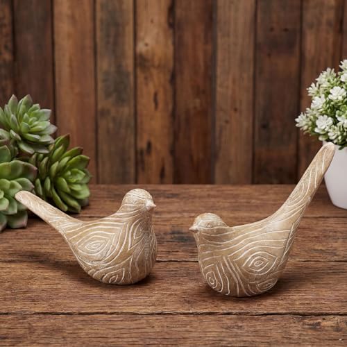 Lewtemi 2 Set Large Bird Figurines Home Decor 4.5'' 6.1'' Resin Birds Statue Modern Wood Look Bird Figurines Animal Decor Sculptures for Living Room, Home, Office, Mothers Day