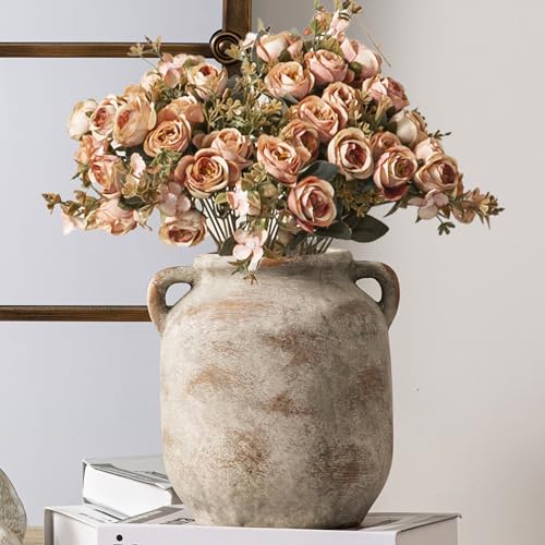 Ceramic Flower Vase Home Decor - 7.6 Inch Farmhouse Rustic Table Vases with Handle Living Room Decoration Decorative Vintage Pottery for Kitchen Shelf Coffee Dining Bookshelf Fireplace Centerpiece - color: 7.6" Retro
