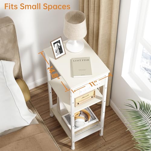 Asgolion Tall End Table with Charging Station, 3 Tier Narrow Tall Nightstand with Storage, Slim Side Table for Bedroom, Living Room, Nursery, Office, Cream White - color: Cream White, style: With Outlet