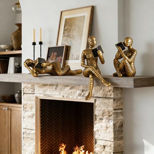 XINXUAN Gold Abstract Man Sculpture with Crystal Balls - Modern Art Deco Home/Office Shelf and Table Top Decoration, Ideal Gift for Art Lovers, 8" Tall (3PCS Letter-Gold Reading)