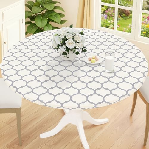 Smiry Round Picnic Tablecloth, Waterproof Elastic Fitted Table Covers for 36" - 44" Tables, Wipeable Flannel Backed Vinyl Tablecloths for Camping, Indoor, Outdoor, Beige & Grey - color: Beige & Grey, size: For Up To 36"-44" Round
