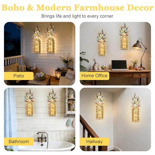 HOMECOR Easter Wall Decor Set of 2 - Boho & Modern Farmhouse Hanging Wooden Vase with Fairy Lights & Artificial Plants, Spring Wall Art for Living Room, Bedroom, Bathroom, Mothers Day Home Decor Gift - style: Flower - Easter Wall Decor