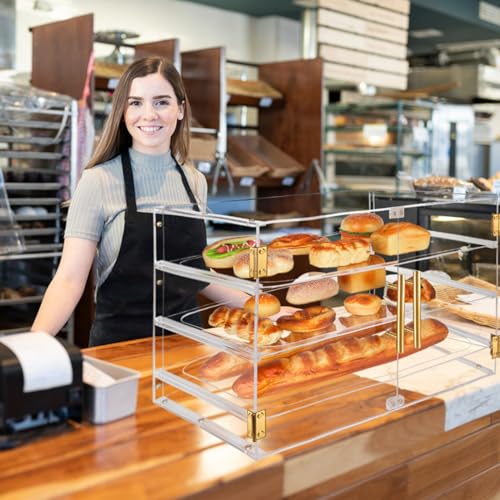 3-Tier Acrylic Pastry Display Case for Commercial Countertop, 360° View Bakery Cabinet with Gold Handle & Removable Trays, Clear Bread Storage Box for Donuts, Cookies & Cakes, 21" x 16" x 14"