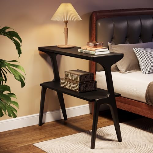 Tribesigns Solid Wood End Table, Modern Side Table for Couch, 2-Tier Narrow Tall End Table, Long Bedside Table for Living Room, Bedroom, Black - color: Black