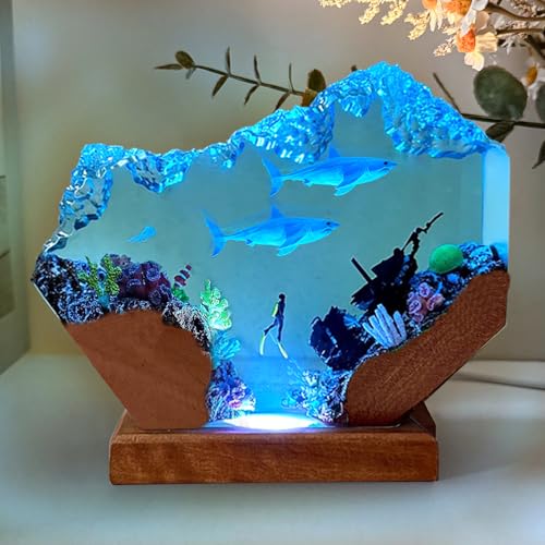 Handmade 3D Ocean Resin Lamp - USB Powered Resin Ocean Night Light with Wooden Base, Variable Lights, Scuba Diver Gifts, Diving Enthusiast Collectibles, Unique Thanksgiving Day and Christmas Gifts - color: Scuba Diver-2, size: L