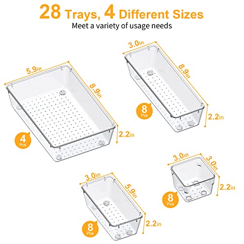 SMARTAKE 28 Piece Drawer Organizers with Non-Slip Silicone Pads, 4-Size Desk Drawer Organizer Trays Storage Tray for Makeup, Jewelries, Utensils in Bedroom Dresser, Office and Kitchen, Clear - size: 28 PCS