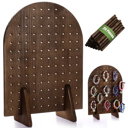 Colingmill 1 Set Keychain Display Stand Wooden Pegboard Display Stand with 25 Pcs Dowel Rods Oval Bracelet Organizer Holder for Jewelry, Craft Shows, Necklace, Selling, 15.75" x 11.81" (Dark Brown) - color: Dark Brown