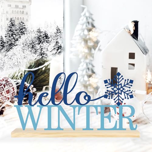 COCHIE Metal Hello Winter Sign, Snowflake Table Centerpieces Decorations for Home, Office, Shelf, Mantel, Indoor, Navy Blue Party Decor Supplies (Winter) - style: Winter