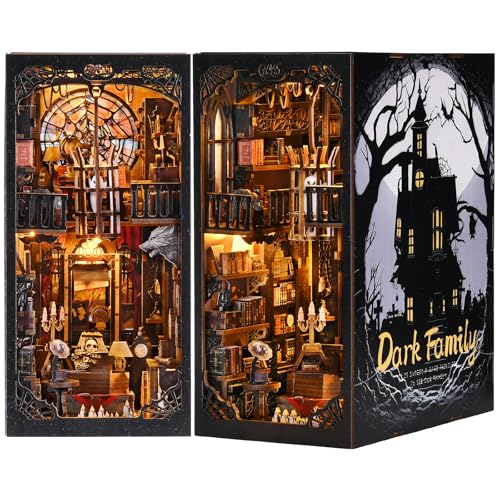 Book Nook Kit, Book Nook Kits for Adults DIY Booknook Model Build, DIY 3D Wooden Puzzle Bookend Booknook Bookshelf Insert Miniature Dollhouse Kit for Home Decoration - style: Dark Family
