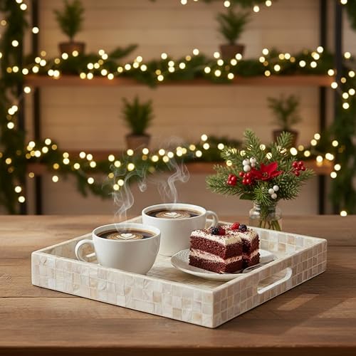 PEMAR Handcrafted Mother of Pearl Decorative Tray with Handles - 12" Square Mosaic Inlay Organizer for Coffee Table, Ottoman, Vanity & Bathroom - Luxury Coastal Home Decor (White Cream Squares)