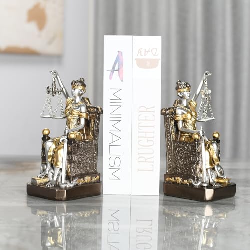 Goddess of Justice Resin Statue Bookend Set of 2 Lady Justice Sculpture - Athena Statue Home Decor, Lawyer Office Desk Organizer, Legal Theme Gift