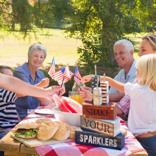 CroBlissful 4 Pcs 4th of July Decorations Patriotic Memorial Day Tabletop Decorations Red White Blue Table Centerpieces Sign for Office Tiered Tray Home Shelf 250th Anniversary(Shake) - style: Shake