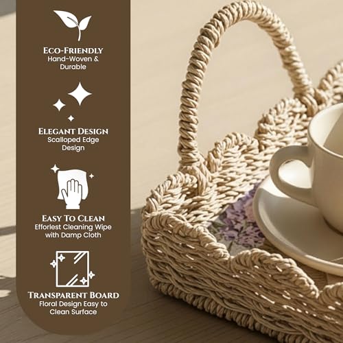 BISS Scalloped Rattan Serving Tray with Removable Floral Transparent Board – Natural Rattan Decorative Wicker Tray with Foldable Handles & Scalloped Edge – Wicker Woven Tray for Coffee Table, Dining