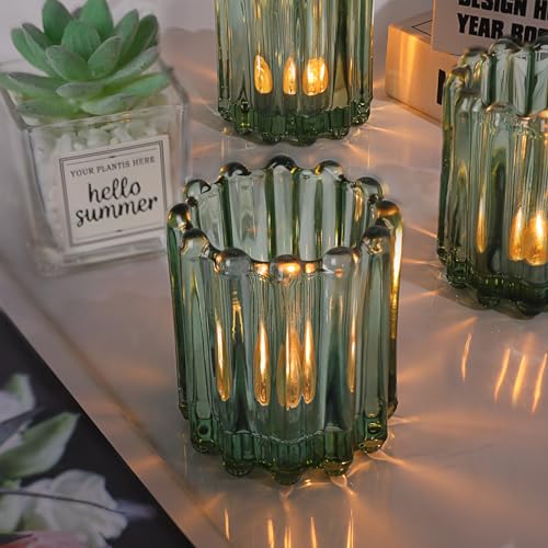 HAVITI Glass Green Votive Candle Holder, Ribbed Votive Candle Holders Set of 12, Tealight Candle Holder for Wedding Centerpieces Dinner Party Table Decor - color: Green