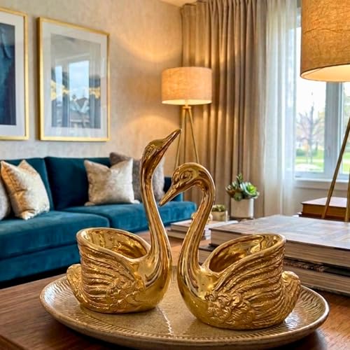 Golden Swan Decor Set of 2 Tealight Candle Holder with Glass Cups Multipurpose Mini Planter & Table Decor Luxury Metal Home Decoration Gift