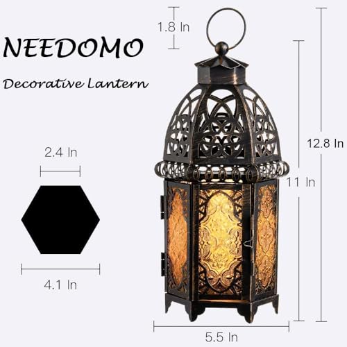 NEEDOMO 12.8'' Moroccan Lanterns Decorative Indoor & Outdoor, Vintage Christmas Candle Holder, Metal Lanterns Decorative, Table, Patio, Porch, Shelf, Christmas Spring Halloween Home Decor (Amber) - color: Amber, size: Large