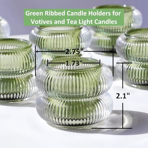 Woho Ribbed Glass Votive Candle Holders Set of 6, Vintage Tealight Candle Holder for Wedding Decor, Elegant Tea Lights Candle Holder for Dinner Table/Christmas Decorations(Green, 2.1" H X 2.75" D) - color: Green