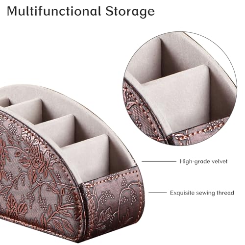 YAPISHI All-in-One Leather Brown TV Remote Holder with 5 Compartments Nightstand Desktop Media Player Remote Caddy Storage Box Organizer Tray for Mobile Office Phone Controller - color: Antique Flower, size: Small