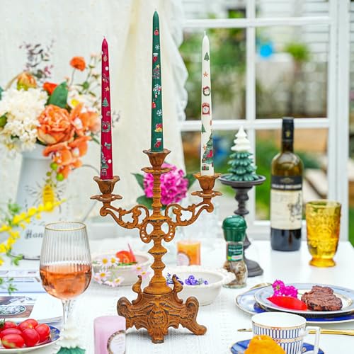 Sungmor Rusty Cast Iron 3 Arm Candelabra, 13" Tall Vintage Candlestick Holder, Decorative Taper Candle Holder, Pretty Centerpiece Candle Stand for Halloween, Christmas, Holiday Décor - color: Classical - 13inch Tall