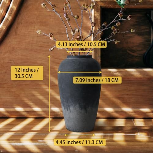Ceramic Rustic Farmhouse Vase, 12 Inch Black Handmade Pottery Flower Vase for Home Decor, Rustic Living Room Decor, Wedding Gifts, Shelf & Table Decoration - color: Black, size: Small