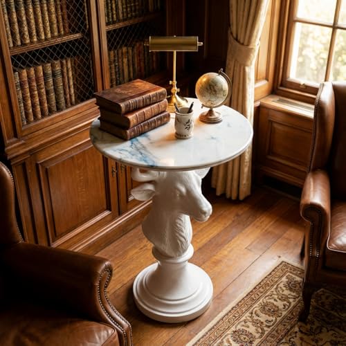 Modern Accent TableLiving Room White Deer Statue Contemporary‌ Faux Marble Night Stand Side Table with White Deer Base Reception Area & Bedroom（Width 19.69" ——Tall 25.59"） - style: White Deer Statue Table