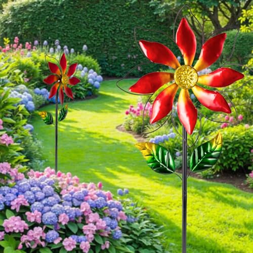 Wind Spinner Outdoor,14’’ Dia Red Flower Shape Garden Pinwheels Spinners,Waterproof Windmill for Yard Lawn Patio Decor - size: 14'' Red