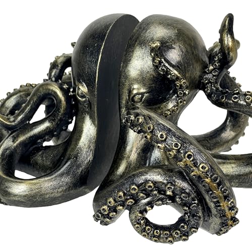 Bronze Octopus Bookends Set of 2 – Nautical Coastal Polyresin Sculptures for Bookshelves, Office, Bedroom, Library – Distressed Painted Finish, Ocean Animal Decor, Unique Gift, Felt Pad Feet - color: Octopus - Bronze