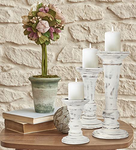 Hand Crafted Decorative Wooden Pillar Candle Holder Stand Siren Shape, Rounded Turned Colums, Country Style Ideal for Gift, Wedding, Christmas, Party, Home, Spa, 10,8,6 Inch Set of 3, Antique White - color: Antique White, size: 10,8,6 Inch Siren