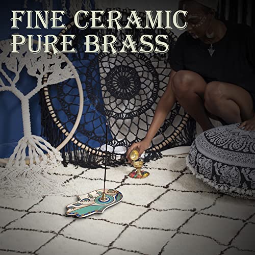 Ceramic Hamsa Hand Incense Holder - 2 in 1 Brass Incense Holder for Sticks and Coil Incense- Zen Decor with Hand of Fatima Design Protection from Evil - 6.2" L X 4.5" W (Blue) - color: Blue