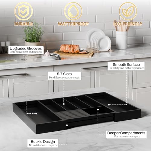 Bamboo Kitchen Silverware Drawer Organizer - Expandable Wood Utensil Holder with Dividers, Luxury Cutlery Storage Tray for Kitchen Utensil and Flatware (5-7 Slots with Removable Knife Block, Black) - color: Black