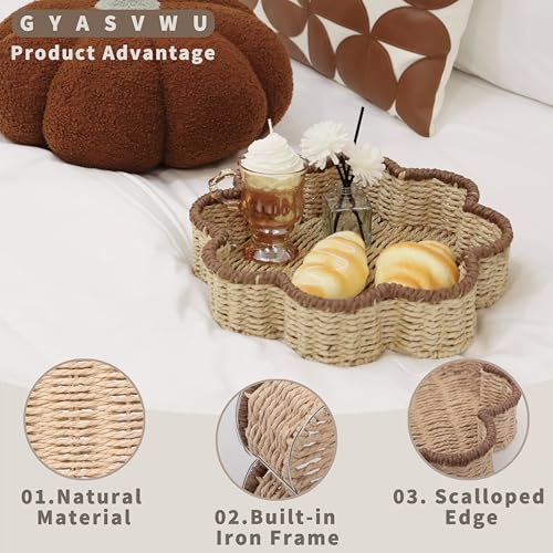 GYASVWU Paper Rope Scalloped Tray, Wicker Trays for Decor, Shallow Baskets for Storage, Rattan Tray for Coffee Table/Living Room/Bedroom Organization (Beige+Brown)