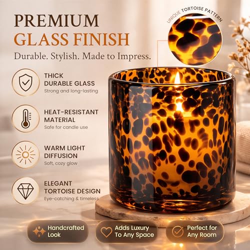 Tortoise Shell Candle Holder | Cheetah & Leopard Print Candle Holder | Large Amber Glass Votive 4.7" for Vanity | Animal Pattern Glass Decor | Tea Light, Jar Candle & Vanity Accent