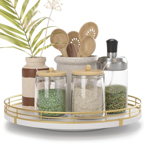 10" Wooden Lazy Susan Turntable for Cabinet – Rotating Spice Rack Organizer, Small Kitchen Countertop Tray for Dining Table & Pantry Storage (White & Gold) - color: White & Gold, size: 10