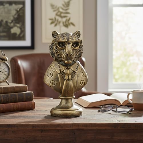 Vintage Animal Statue Sculpture,Gold Resin Tiger Bust Figurine with Glasses & Suit, Retro Office Desk Decor for Home Living Room, Creative Gift for Animal Lovers - color: Tiger Bust