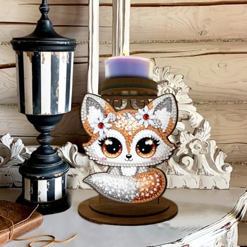 BAYUNOE DIY Candlestick Holders Wooden Desktop Diamond Art Painting Candle Holder Double-Sided Diamond Vintage Modern Decorative for Table Mantel Wedding Dinning Party-Brown Fox - color: Brown Fox