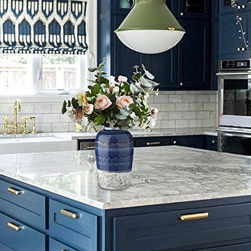 Decorative Ceramic Vases for Home Decor Two Tone Boho Flower Vase for Table Centerpieces Big Blue Pottery Vase Table Flowers Decor Vase Living Room Shelf Fireplace - style: Rustic Blue