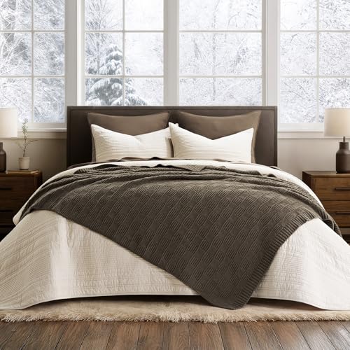 EVERGRACEHOME Modern Checkered Chenille Throw Blanket, Soft Cozy Plaid Knitted Chair Blanket for Sofa Couch, Decorative Knit Throw for Bed and Living Room, Mocha Brown, 50" x 60" - color: Checkered Mocha Brown, size: 50" x 60"