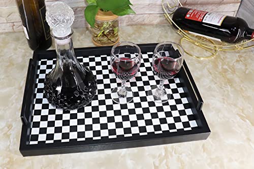 MCBZ Living Room Coffee Table Decorative Tray, Food Service Tray, Leather Ottoman Tray,with Metal Handles 16.5 x 12.6 in (Black and White Grid) - color: Black/White Checkerboard