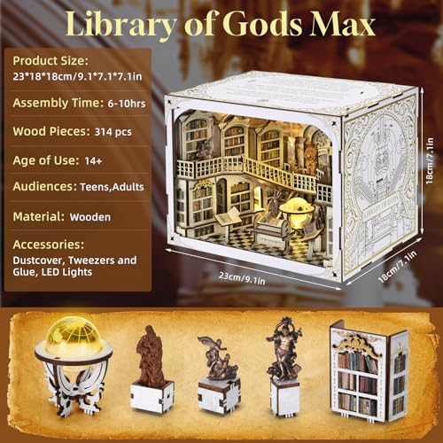𝐂𝐂𝐂𝐃𝐅 DIY Book Nook Kit, DIY Miniature Dollhouse Booknook Kit, 3D Wooden Puzzle Bookend Bookshelf Insert Decor with LED Light for Adults (Library of Gods Max) - style: Library of Gods Max