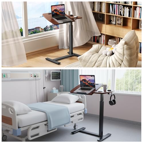 Overbed Bedside Table with Wheels,Tiltable Hospital Bed Table, Pneumatic Adjustable Overbed Table, Rolling Laptop Desk, Mobile Standing Desk for Bed, Couch, or Hospital Use - color: Brown