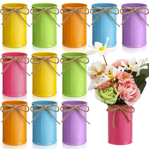 Rustic Vase for Table Centerpieces 4.33 Inch Small Petite Flower Vase with Twine Bow Vintage Farmhouse Decor for Wedding Reception Dining, Home Galvanized Metal Buckets(Multicolor,12 Pcs) - color: Multicolor