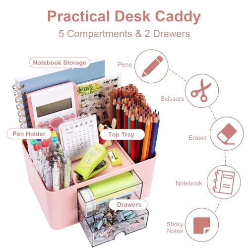 Meiikun Plastic Pen Organizer, Multifunctional Desk Organizer with 2 Drawers, 4 Compartments & a Top Tray, Pencil Holder Desktop Organizers and Accessories for Office, 7.7" x 5.5" x 3.9" (Pink) - color: 5 Compartments + 2 Drawer (Pink)