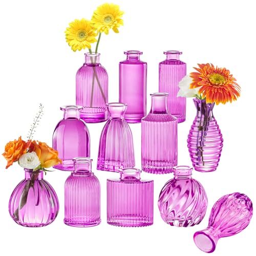 12PCS Hot Pink Vase for Flowers, Small Glass Bud Vases for Centerpieces Purple Flower Vase in Bulk for Home Office Decor - color: Hot Pink-purple, size: 1 Pack