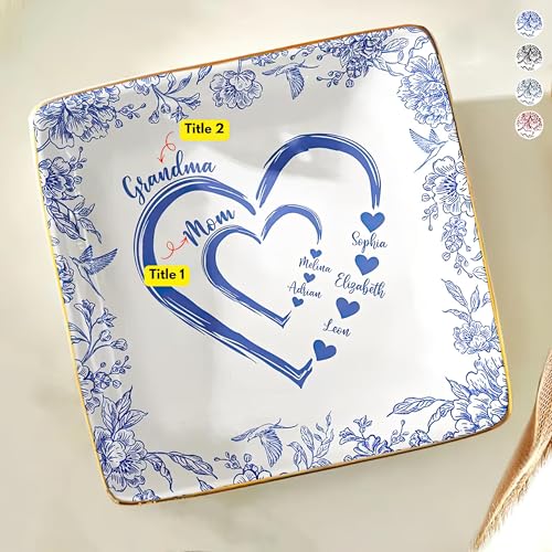 Personalized Chinoiserie Floral Jewelry Dish Ceramic Ring Holder Square Trinket Tray Custom Grandparent Mother Birthday Present We Love You Heart Shaped Toile Mother’s Day Keepsake With Names - color: Design 03