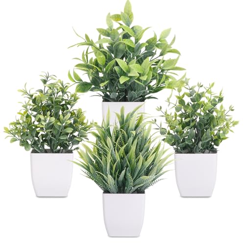 CEWOR Fake Plants 4 Packs Small Artificial Greenery Mini White Potted Plants Bathroom Accessories Decorations for Desk Bathroom Office Home Room Kitchen Table Indoor - color: Grey1