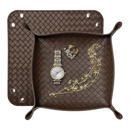 UnionBasic Small Valet Tray, Jewelry Tray for Rings Watches Earrings, Entryway Catchall Caddy for Coins Keys Change, Nightstand Bedside Valet Holder, Trays for Electronic Gadgets, Woven Coffee - color: Woven Coffee, size: 5.4" x 5.4" x 1.6"