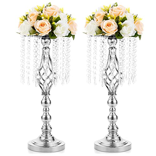 2 Pcs 19.3 inches Tall Crystal Flower Stand Wedding Road Lead Tall Flower Holders Centerpiece Crystal Flower Chandelier Metal Flower Vase for Reception Tables Wedding Supplies - color: Silver, size: Medium - 2 Pcs