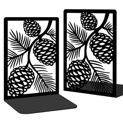 2 Pcs Decorative Metal Bookends, Pinecone Design Book Ends for Shelves Black Heavy Duty Book Stopper Suitable for Home Office School - style: Pinecone