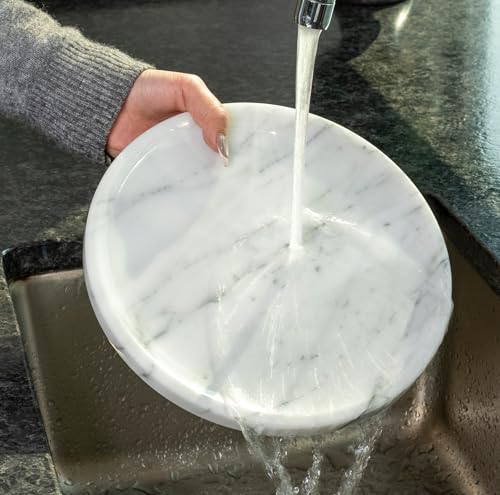 Natural Marble Decorative Tray for Bathroom Bedroom Kitchen Dresser, 9.8” Round Vanity Trays for Jewelry, Perfume, Cosmetic, Candle, Countertop Storage Organizer for Home Decor White, Arabescato - color: Arabescato, size: 9.8"