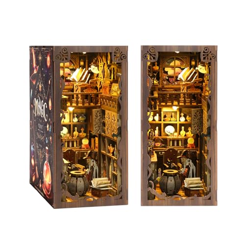 Book Nook Kit - DIY Miniature Dolls House Kit with Furniture and LED Light, 3D Puzzle Wooden Art Bookends, Model Kits for Adults and Teens (Magic Night)